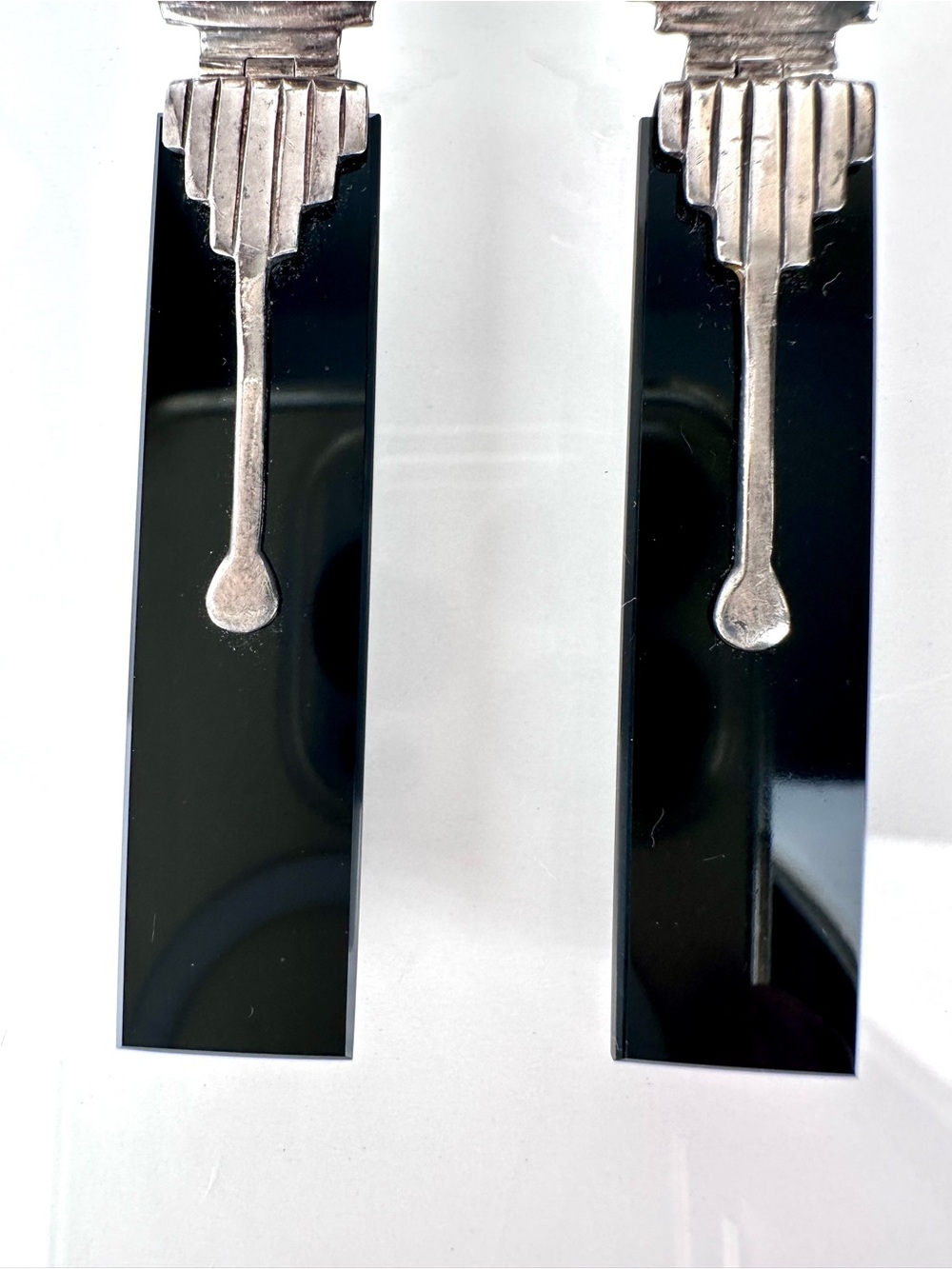Vintage 925 Sterling Silver Black Onyx Art Deco Architectural Earrings - Picture 3 of 12
